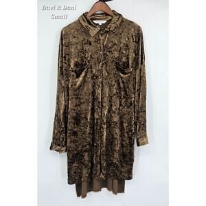 Davi & Dani Crushed Velvet Shirt Dress Bronze Brown 90s Boho Button Front Size S